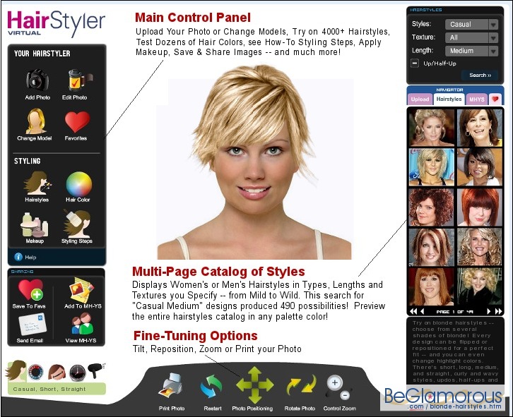 Upload your photo, try virtual blonde hair 
hairstyles on yourself, online 
- short, to long; 
wavy, straight, curly