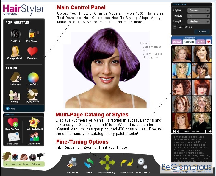 Upload your photo, try virtual purple hair 
hairstyles on yourself, online 
- short, to long; 
wavy, straight, curly